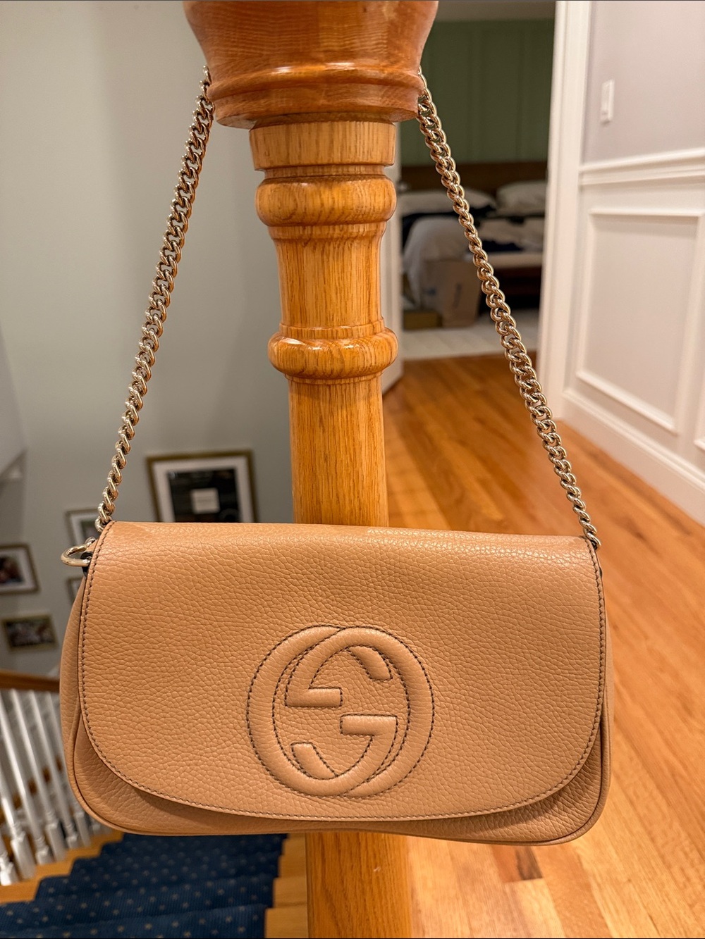 Authentic Gucci Tan Pebbled Leather Shoulder Bag with Interlocking G